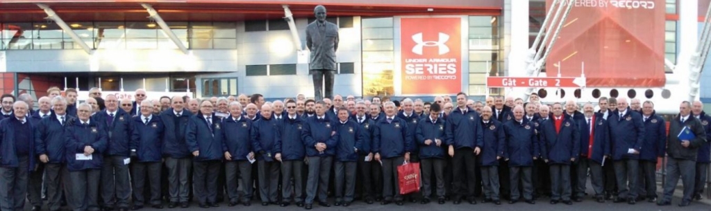 The joint Côr Meibion Morlais and Pendyrus Male Voice outside the Principality Stadium Gate 2.